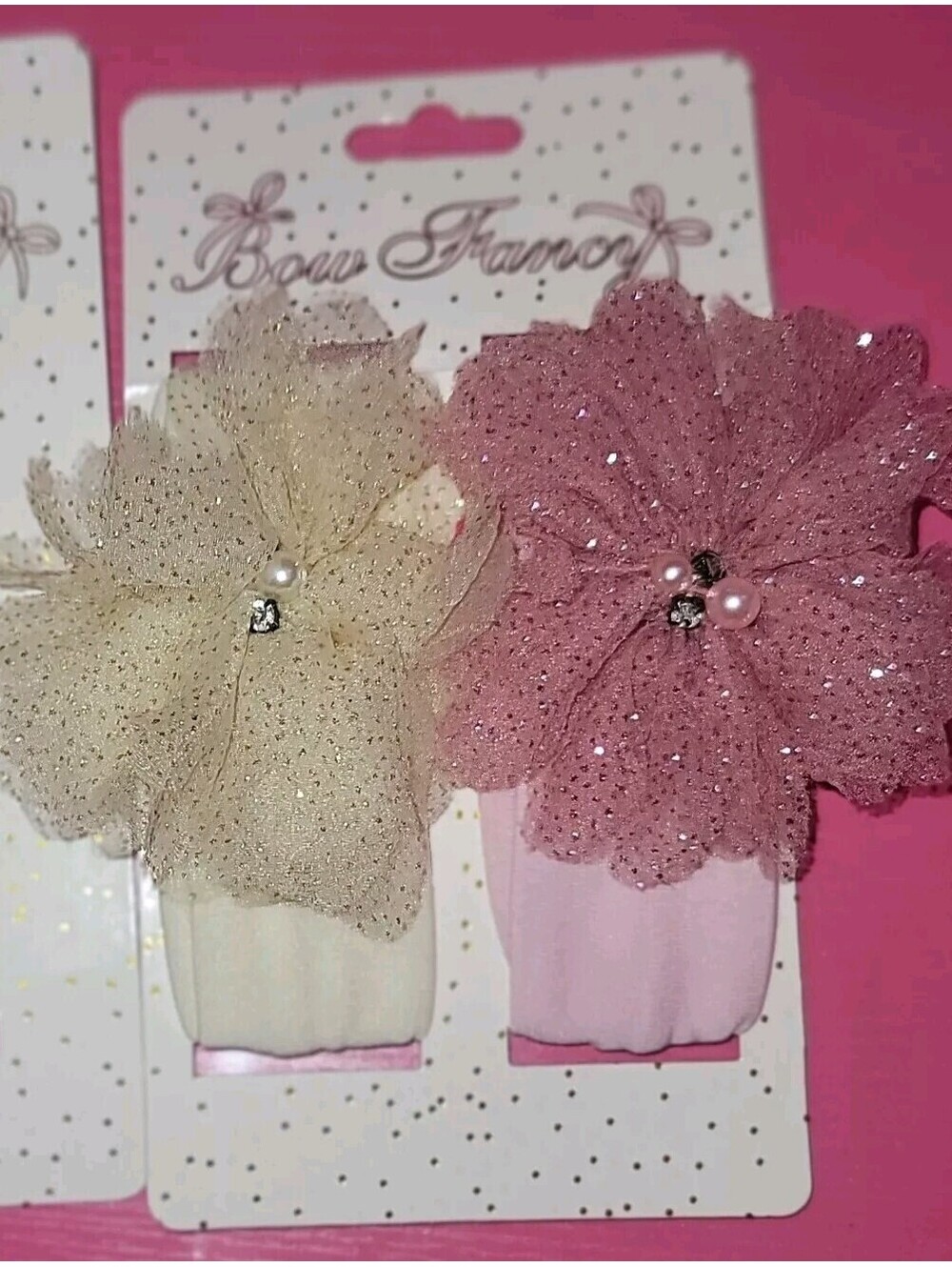 BOW FANCY BEIGE & DUSTY PINK RHINESTONE TULLE BOW BABY HEADBANDS SET OF 2 NWT